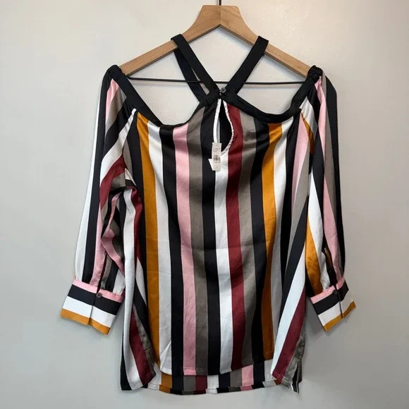 LOFT Women's Striped Cold Shoulder Blouse Satin Halter Neck Top Size Large NWT - Picture 8 of 9